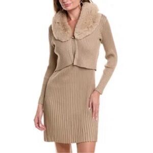 Taylor 2pc Tan Ribbed Knit Dress w/ Matching Jacket Faux Fur Collar Medium NWT